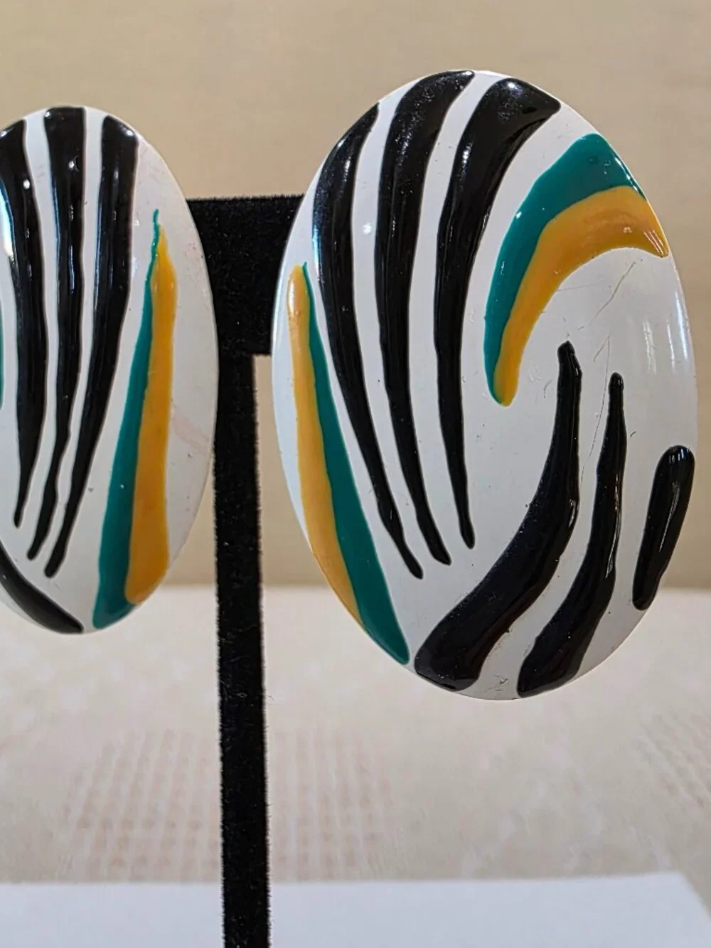Vintage Boho Chic Tribal Metal Oval White Black Green and Yellow Stripe Earrings